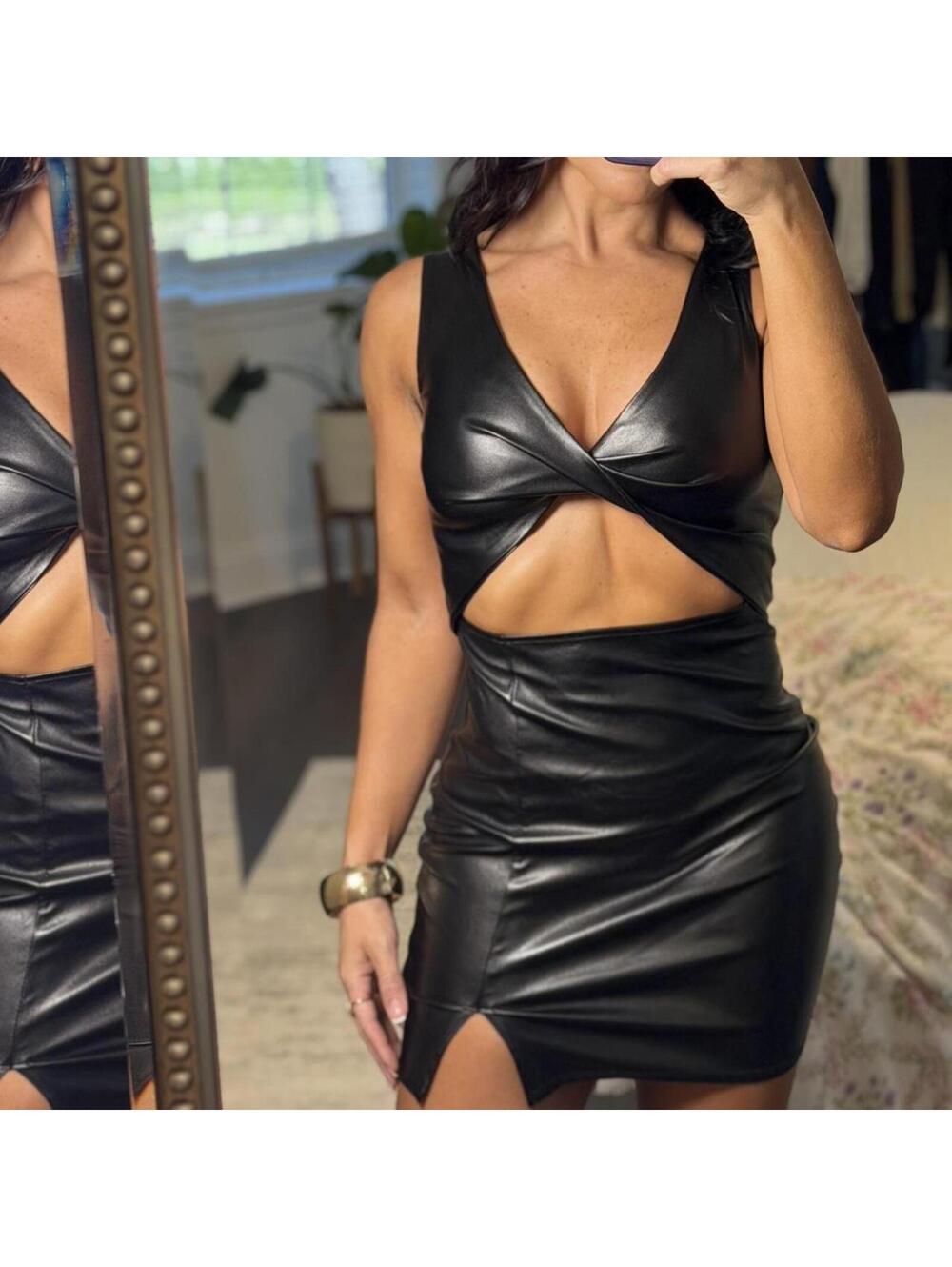 Faux Leather Cutout Mini Dress Y2K Clubbing Night Out Bodycon Dress - Picture 4 of 8